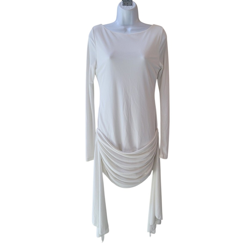 WHITE FOX L White Off White Long Sleeve Scoop Back Draped Mini Dress Women